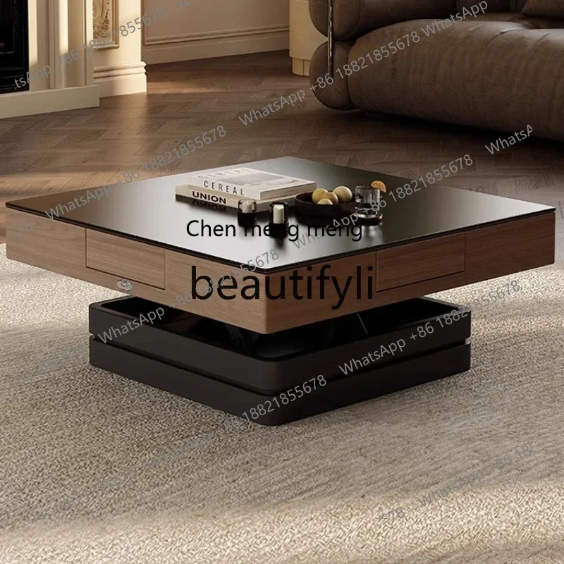 

Mahjong table function lifting rock slab coffee table dining table integrated dual-purpose household new medieval style