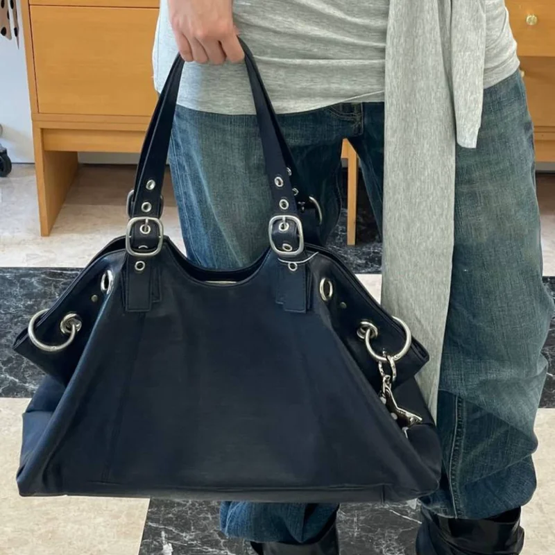 

Корейская масляная восковая сумка из искусственной кожи с пряжкой для ремня, женская сумка-тоут большой вместимости, однотонная сумка для компьютера с верхней ручкой