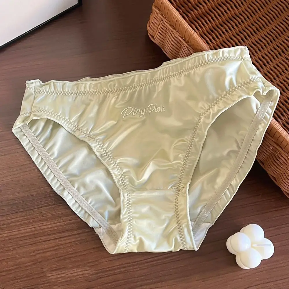 Sweet Crystal Letter Ruffle Satin Panties Seamless Underwear Rhinestone Briefs Thin Ice Silk Women's Underpants Girl