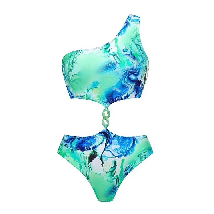 Blue Green Fantasy Floral print Acrylic Chain One Piece Swimsuit  Swimwear Bikini  Set Women Beachwear Luxury Bathing Suit