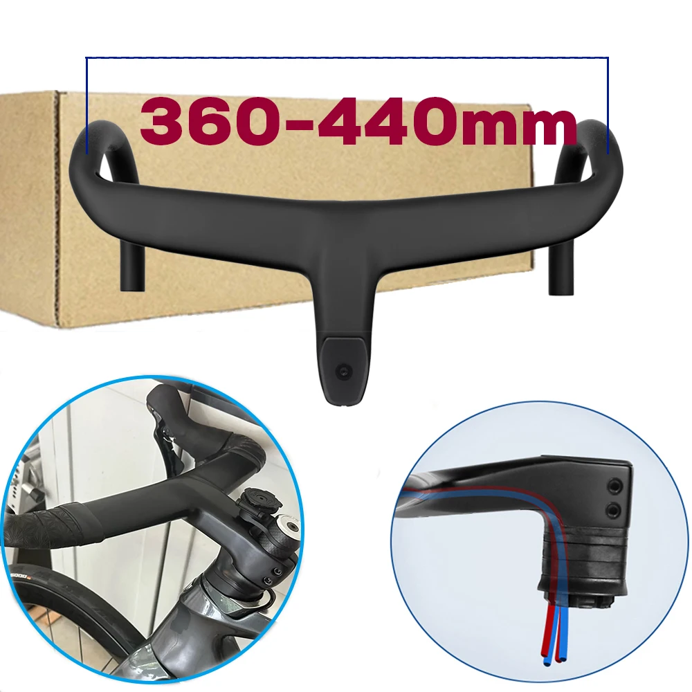 

Черный матовый руль для шоссейного велосипеда из цельного карбона с интегрированной системой внутренней прокладки кабелей и креплением для велозапчастей