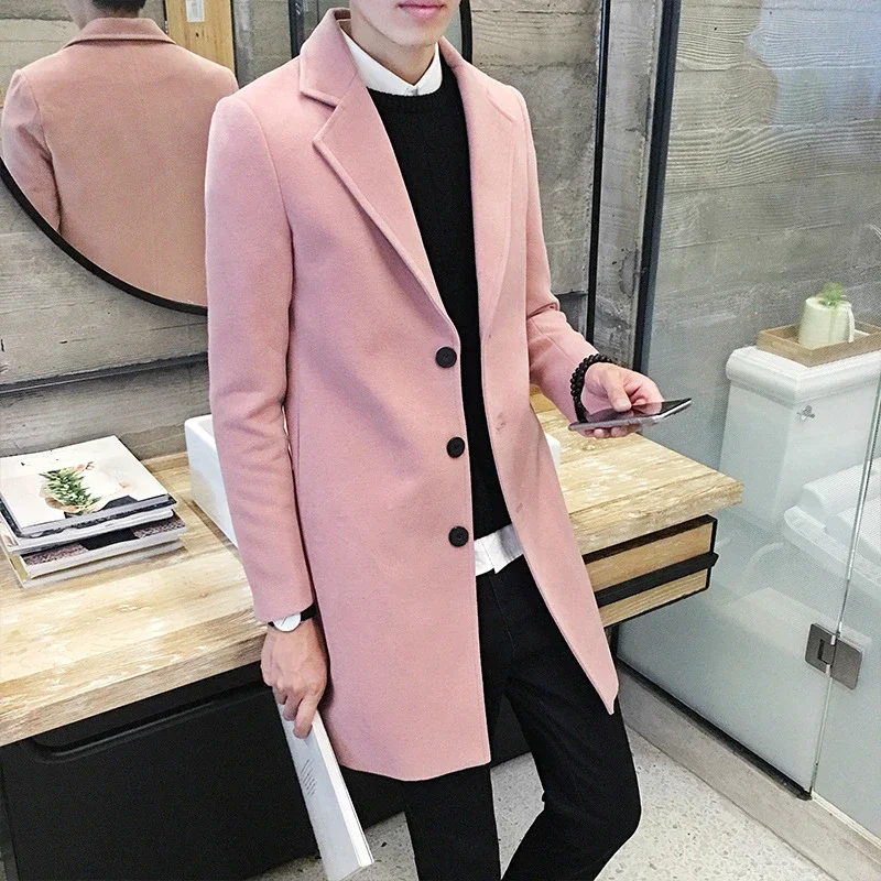 Fashion Men Winter Clothing Long Royal Blue Woolen Coat Slim Fit Wool Overcoat Male Oversized Casual Blend Tweed Jacket Boy Xxxl