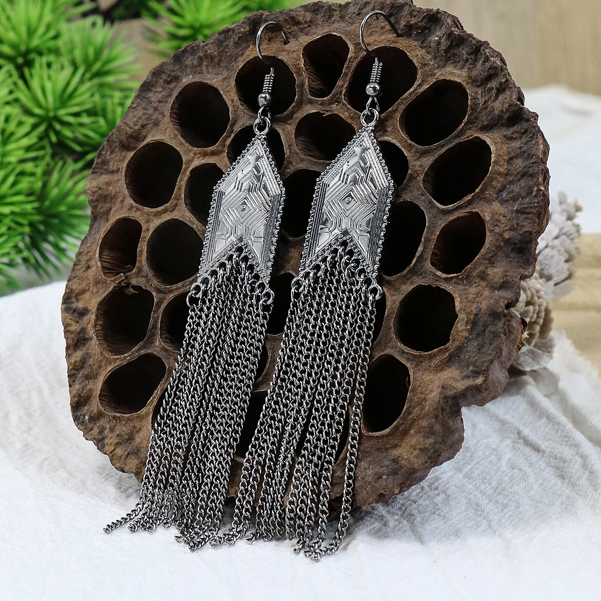 New Silver Color Chain Earrings for Women Vintage Ethnic Antique Carved Geometric Gypsy Long Earrings Indian Jhumka Jewelry Gift
