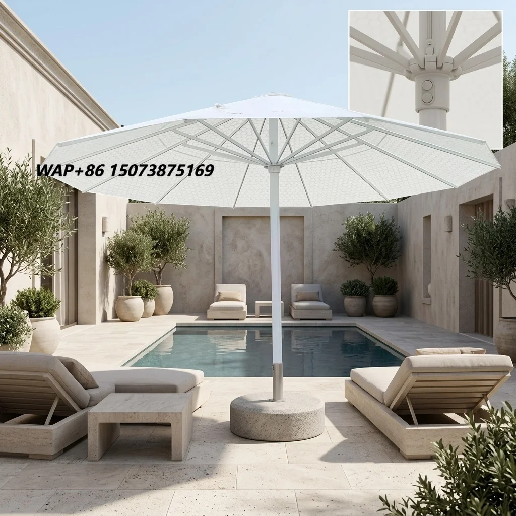 Auto Tilt Push Button Center Pole Parasol Pulley Lift Resin Stand Water Resistant Canopy for Home Yard Poolside Daily Use