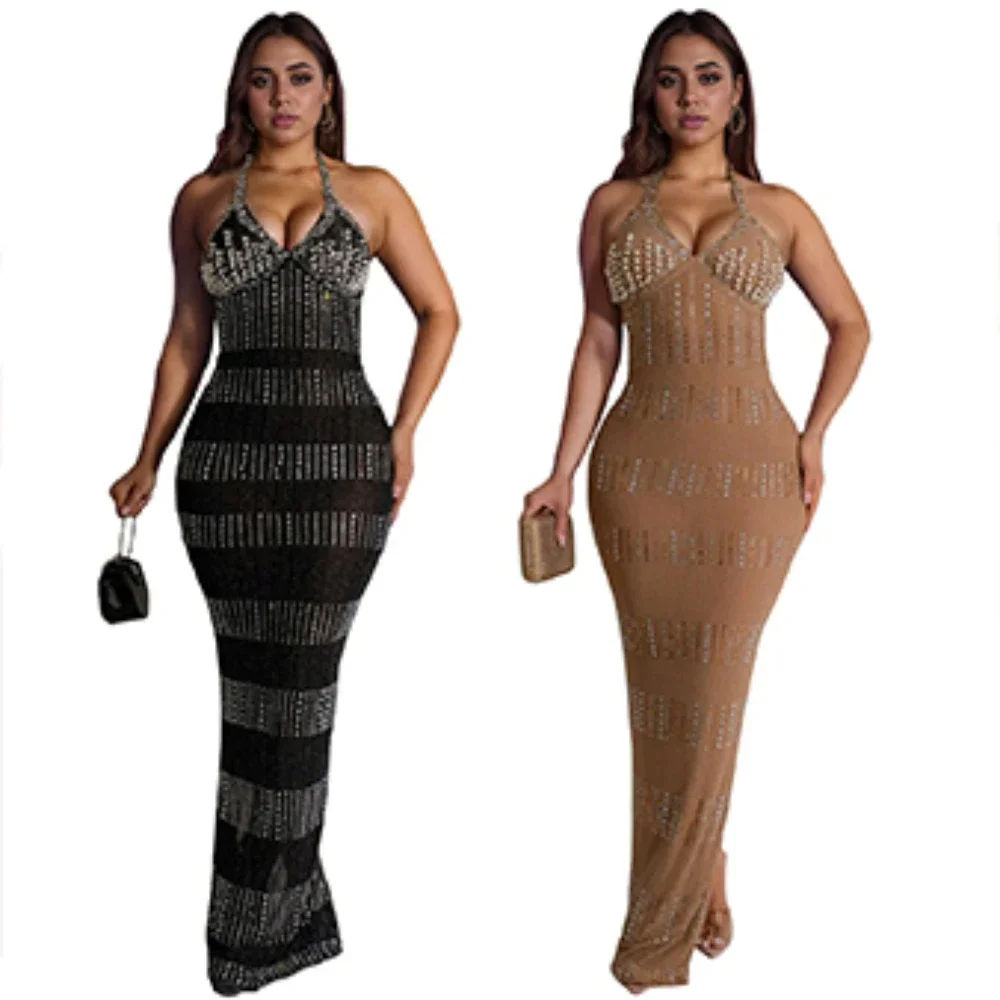 Diamonds Hot Rhinestones V-neck Women Sleeveless Bodycon Long Dress 2025 Fall Birthday Party Evening Prom Maxi Dresses