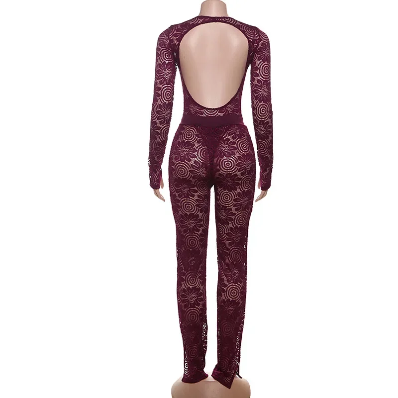 Kobiety Seksowny żakardowy koronkowy 2-częściowy zestaw z pełnym rękawem Wydrążony kombinezon bez pleców Top + Legginsy z rozcięciem Spodnie Party Clubwear Suit — zdjęcie 5