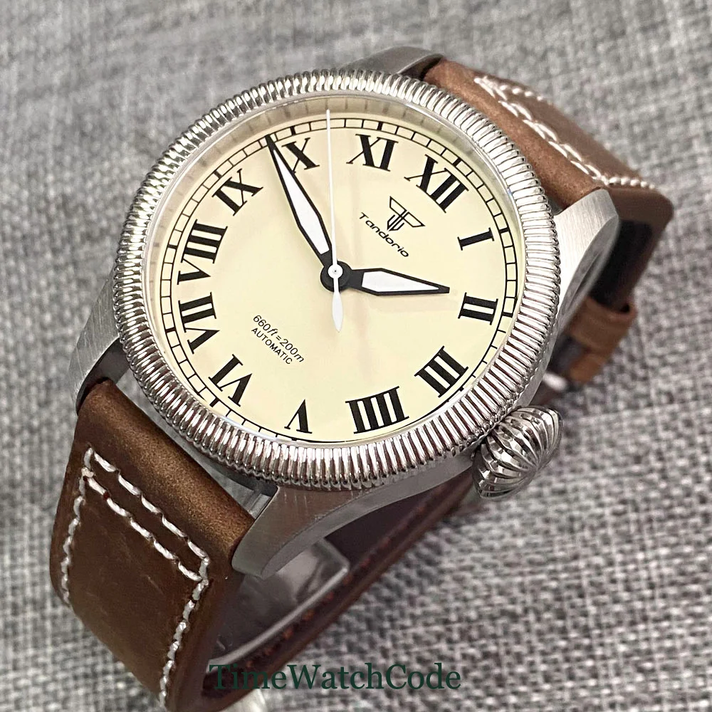 Vintage Tandorio Automatic Diver Watch for Men 39mm 200m Water Resistant Coin Bezel NH35 PT5000 Sapphire Crystal Leather Strap