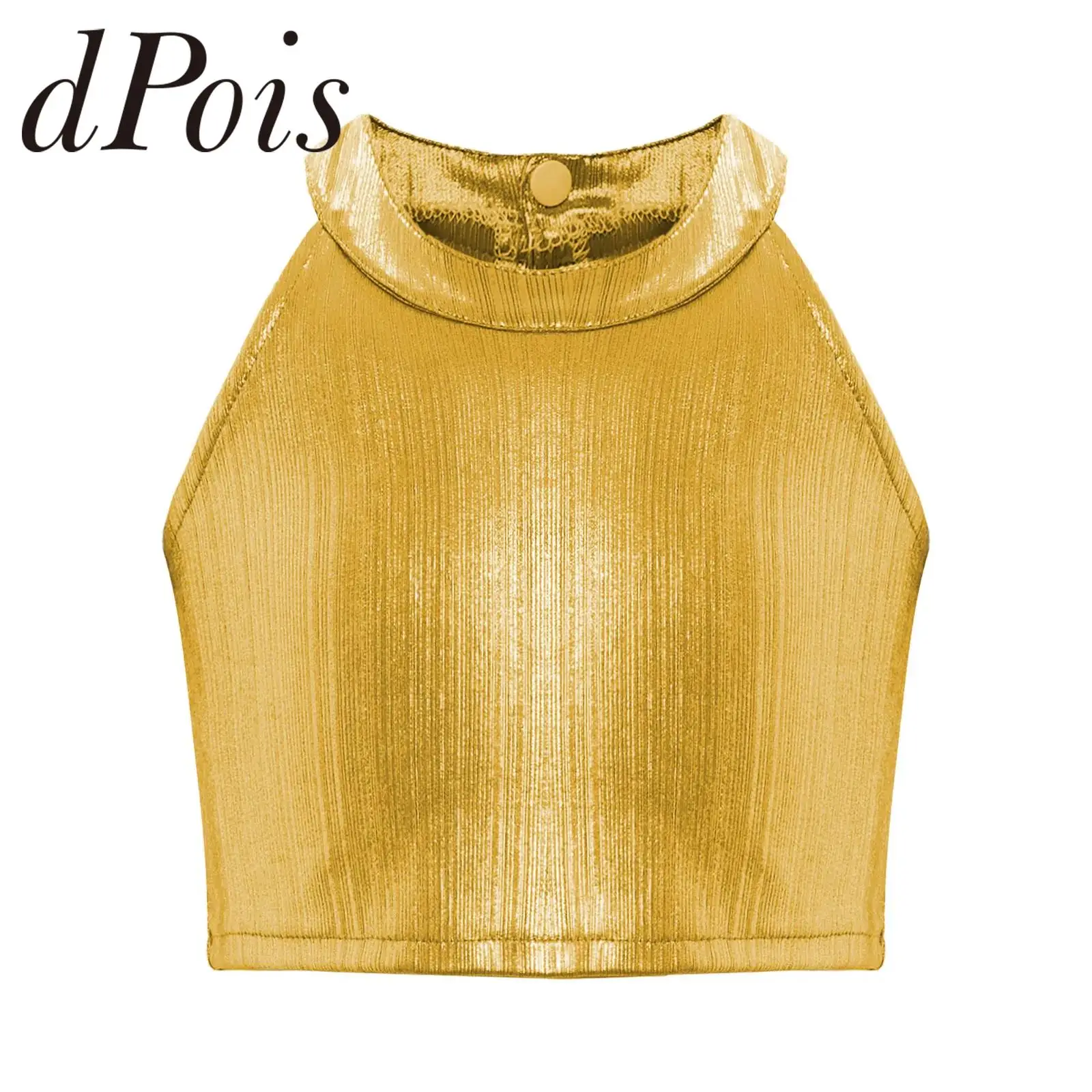 

Детские топы металлик для девочек, укороченный топ без рукавов, блестящие топы на бретелях для костюма в стиле хип-хоп, уличная одежда, детская одежда для джазовых танцев