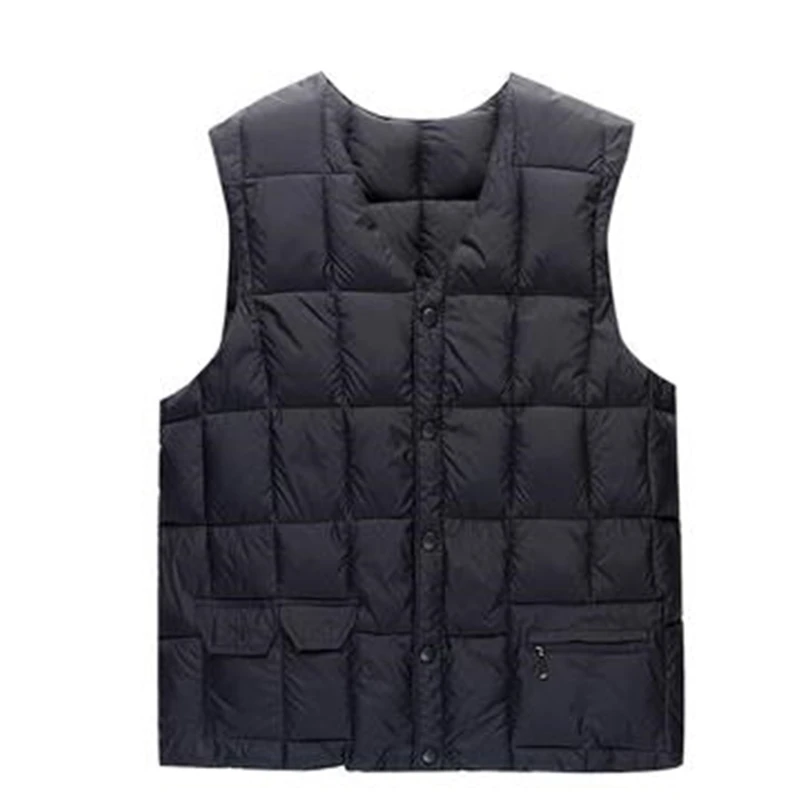 Male Autumn Winter Down Vest Men Thermal Multi Pocket Waistcoat New White Duck Ultralight Sleeveless Jacket Fashion Stand Collar