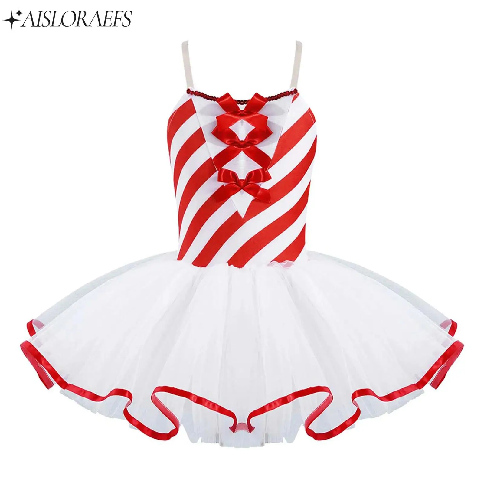 

Toddler Girls Candy Cane Striped Sequins Ballet Tutu Dance Dress Bowknot Adorned Stripe Print Mesh Tutu Dress Christmas Costume