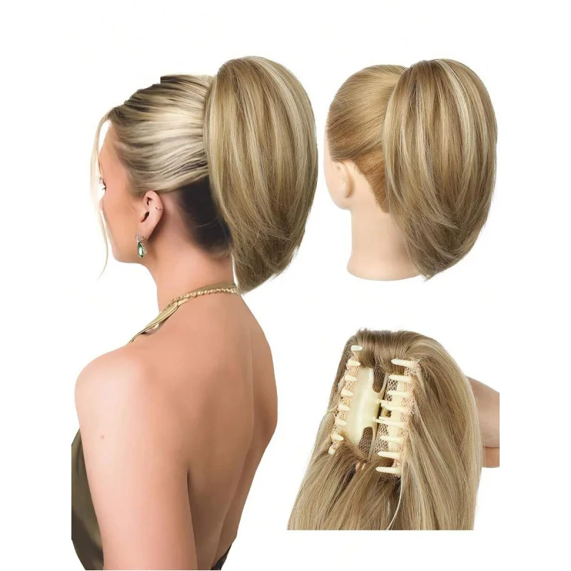 extensao-de-rabo-de-cavalo-com-presilha-curta-de-10-polegadas-–-sintetico-liso-natural-e-macio-loiro-dourado-escuro-com-mechas-para-mulheres