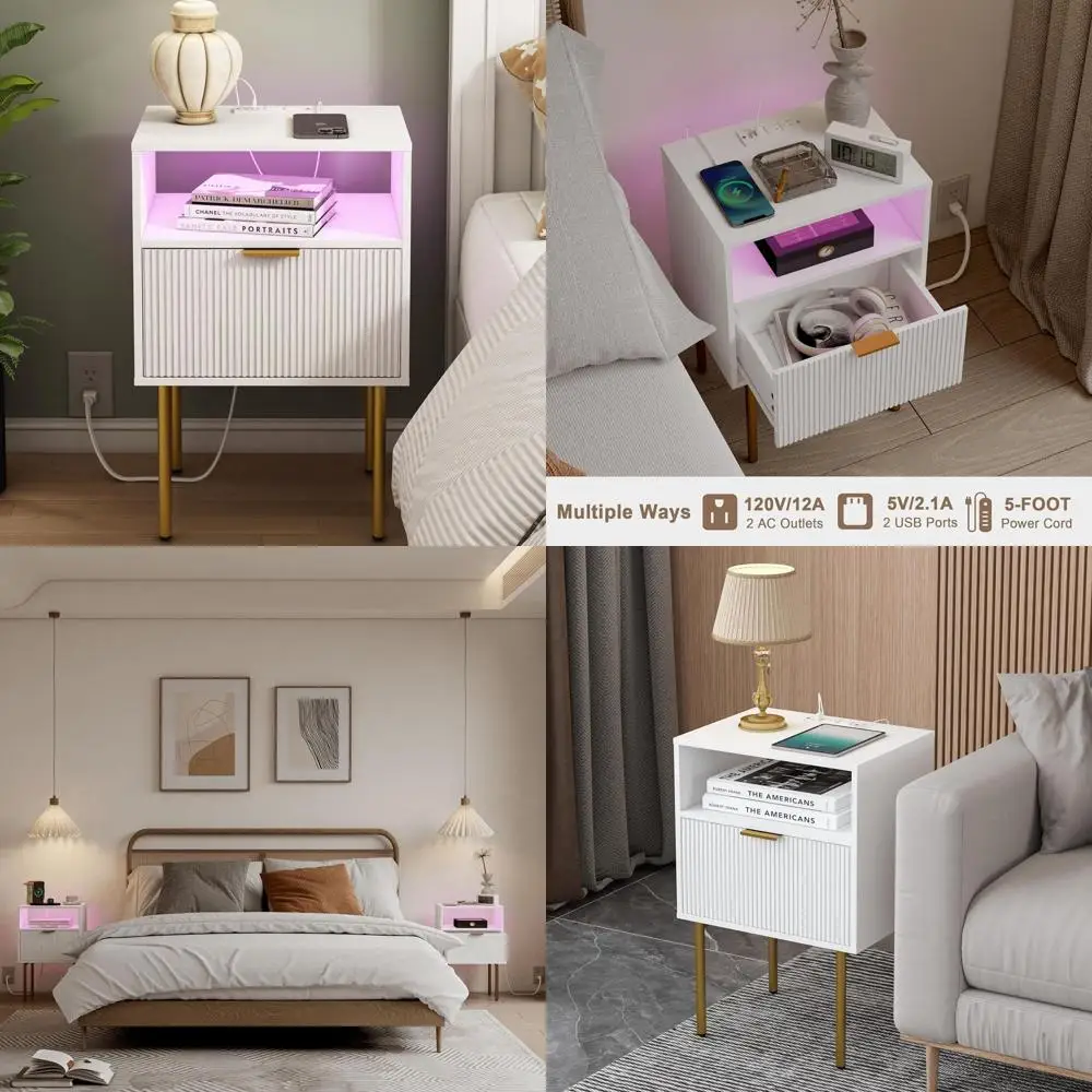 

Современная тумбочка со светодиодной подсветкой и зарядным портом, белый стол с ящиком для спален и гостиных