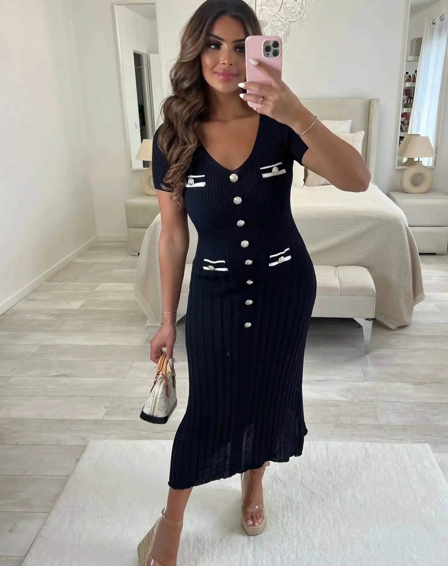 

Women's Knit Short Sleeve V-Neck, Casual Maxi Dresses, Elegant Slim Long Dress, Summer Fashion, 2025