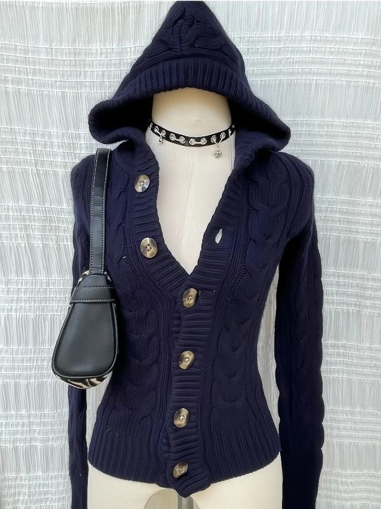 

Y2k Korean Fashion High-end Pure Color Long Sleeve Hoodie Sweaters 2000s Subculture Slim Sweaters Hooded Cardigan Vintage Tops