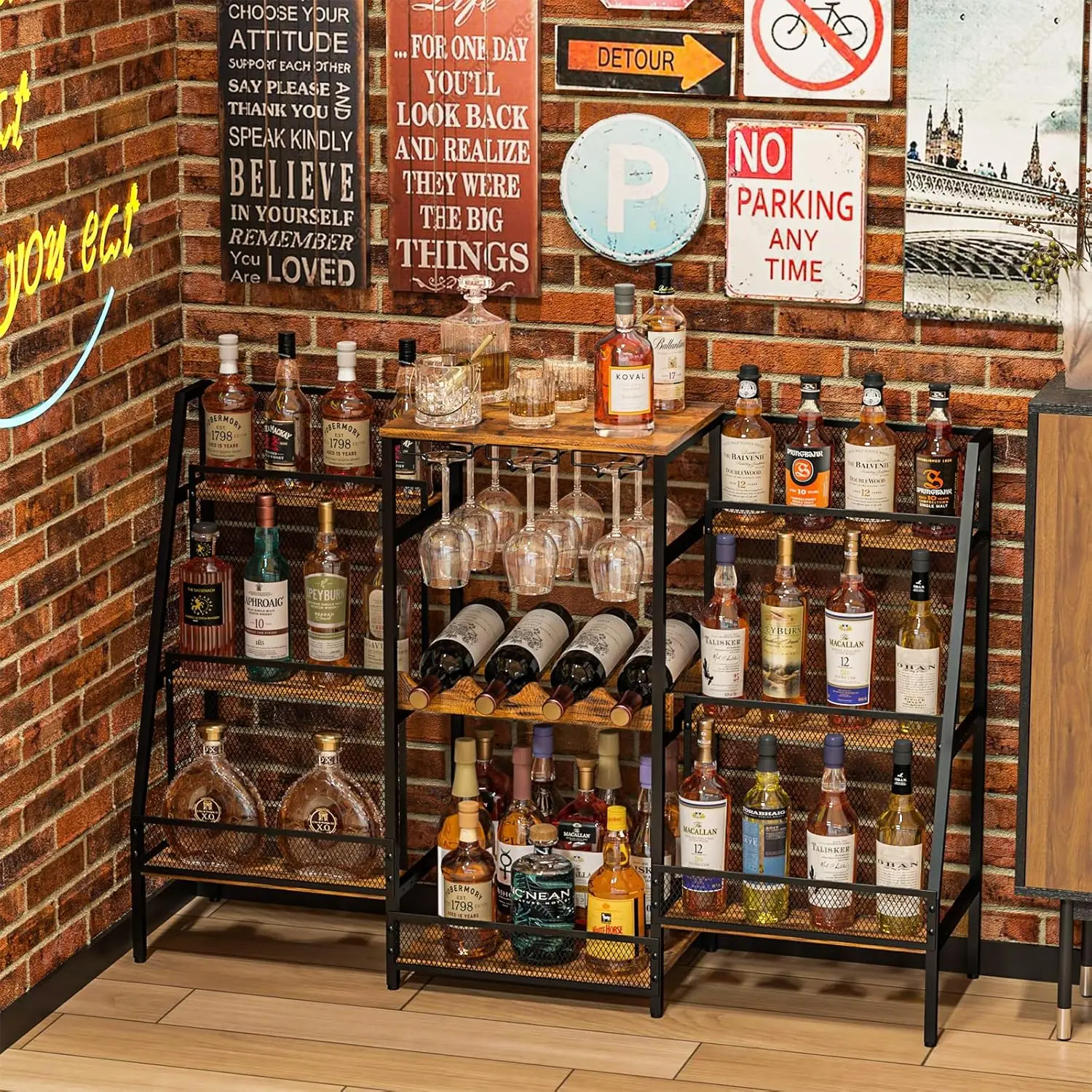 

Bar Stand with Glass Holder, Wine Rack Freestanding Floor, Liquor Cabinet for Liquor Whiskey Wine, 6-Tier Stepped Bar Cabinet