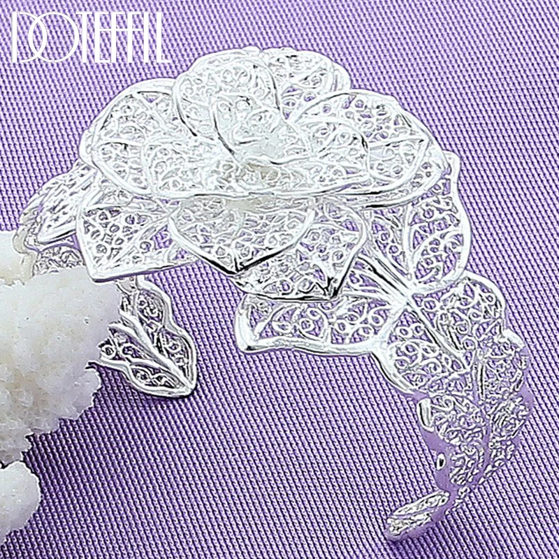 

DOTEFFIL 925 Sterling Silver Big Flowers Bangle Bracelet For Woman Wedding Engagement Fashion Charm Party Jewelry