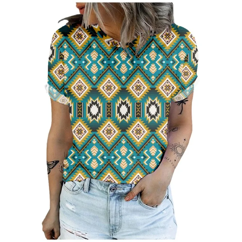 

Ladies casual vacation Hawaiian T-shirt medieval retro Aztec national style ladies top retro short-sleeved T-shirt