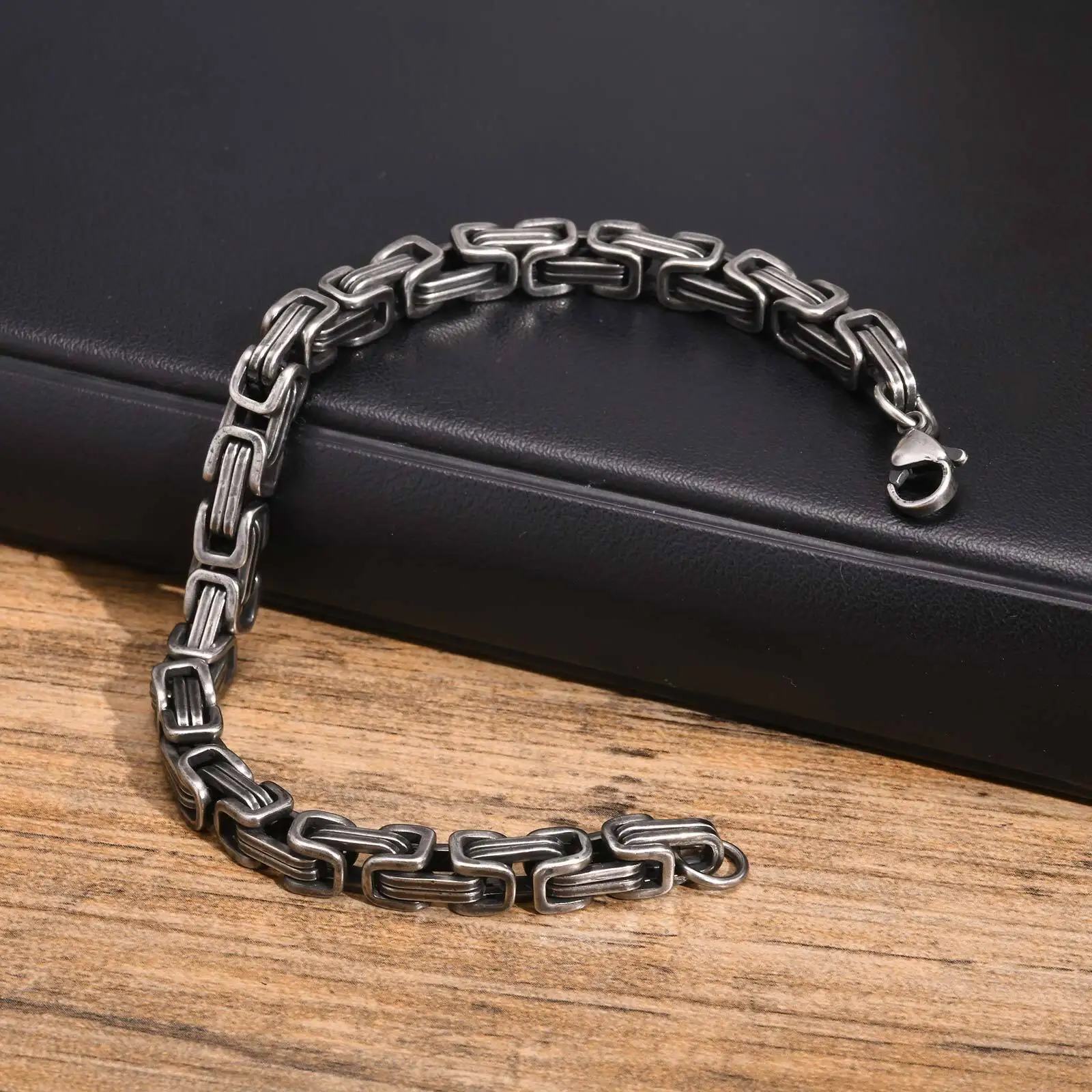 Retro Byzantine Bracelets for Men Boys,Chunky Stainless Steel Chain Bracelets,Vintage Rock Punk Cool Jewelry Gift