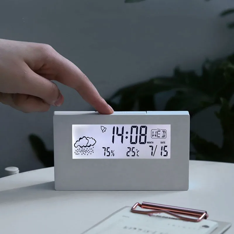 Battery Operated LCD Electric Desk Alarm clock White with Calendar and Digital Temperature Humidity Modern home Office Watch