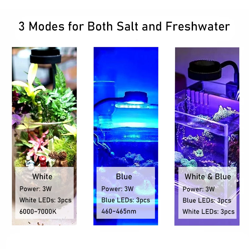 ZETLIGHT ZN1050 M1 조절 가능한 3W 미니 LED 조명, 해수 및 담수 어항용, 내구성 있는 금속 유리 플라스틱 박스 포장