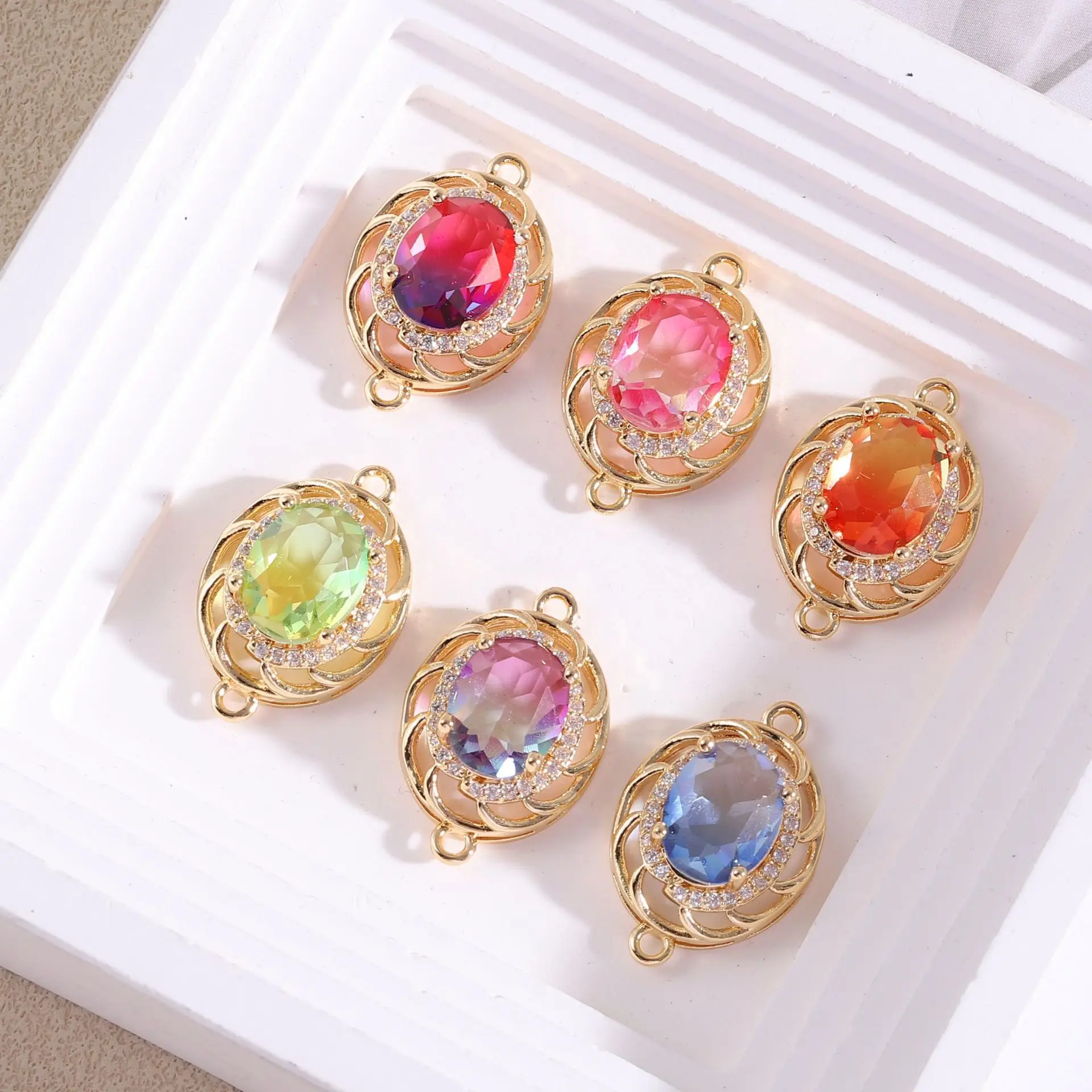 10pcs/ Bag  Colorful zircon oval double button pendant DIY earrings bracelet accessories for jewelry production