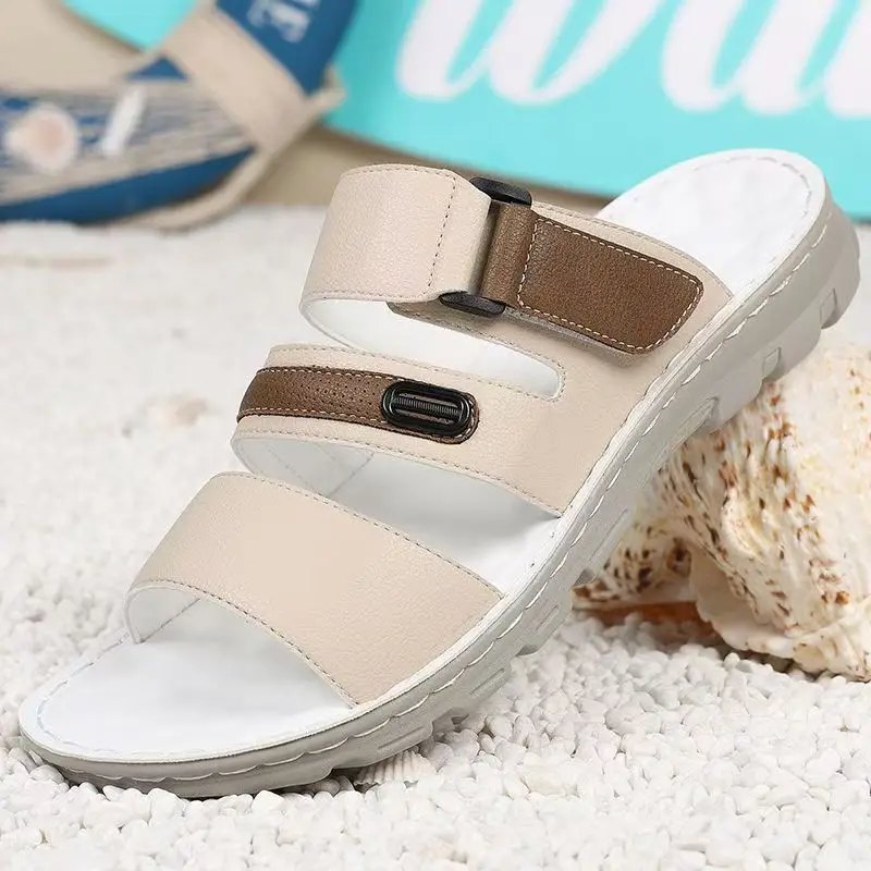 Men's Real Leather Big Size One Word Slippers Summer New Soft sole Non Slip Hollow Out Outdoor Flat Sole Beach Sandals Slippers