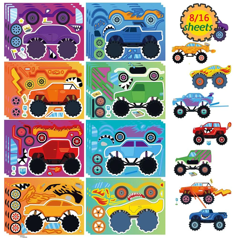 

8/16sheets Monster Truck Puzzle Stickers Make a Face Game Decals Children Assemble Jigsaw Education Toys Cartoon Kids Party Gift