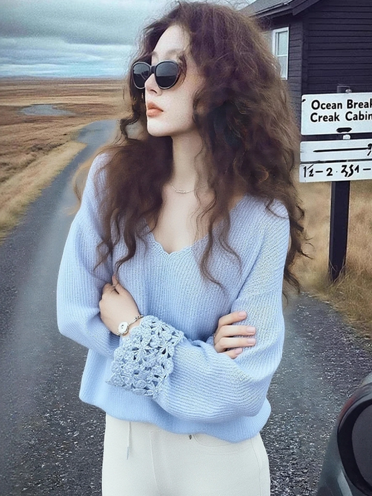 2025 Winter Commute V-Ne Long Sve Knitted Sweater Hollow out Camere Women's Loose Fit Pure Color Faion Korean Sle