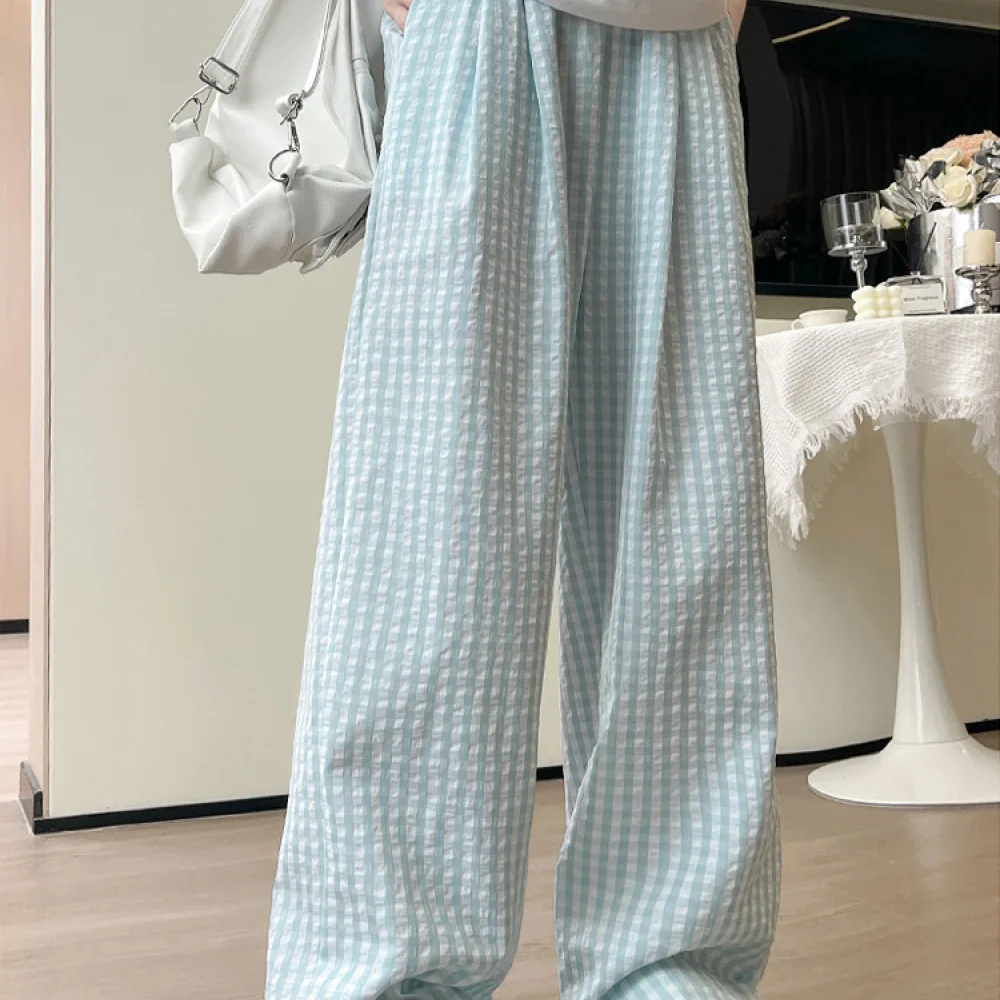 Women Summer Wide Leg Pants Plaid High Waist Casual Loose Trousers Draped Breathable Comfortable Fashion Trendy Bottoms