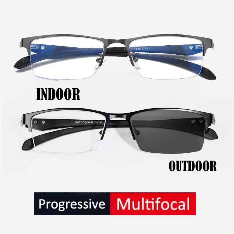 Photochrome Progressive Lesebrille mit halbem Rahmen für Herren, Nah-Fern-Doppelzweck-Multifokal-Lesebrille, Anti-Blue-Ray-Brille