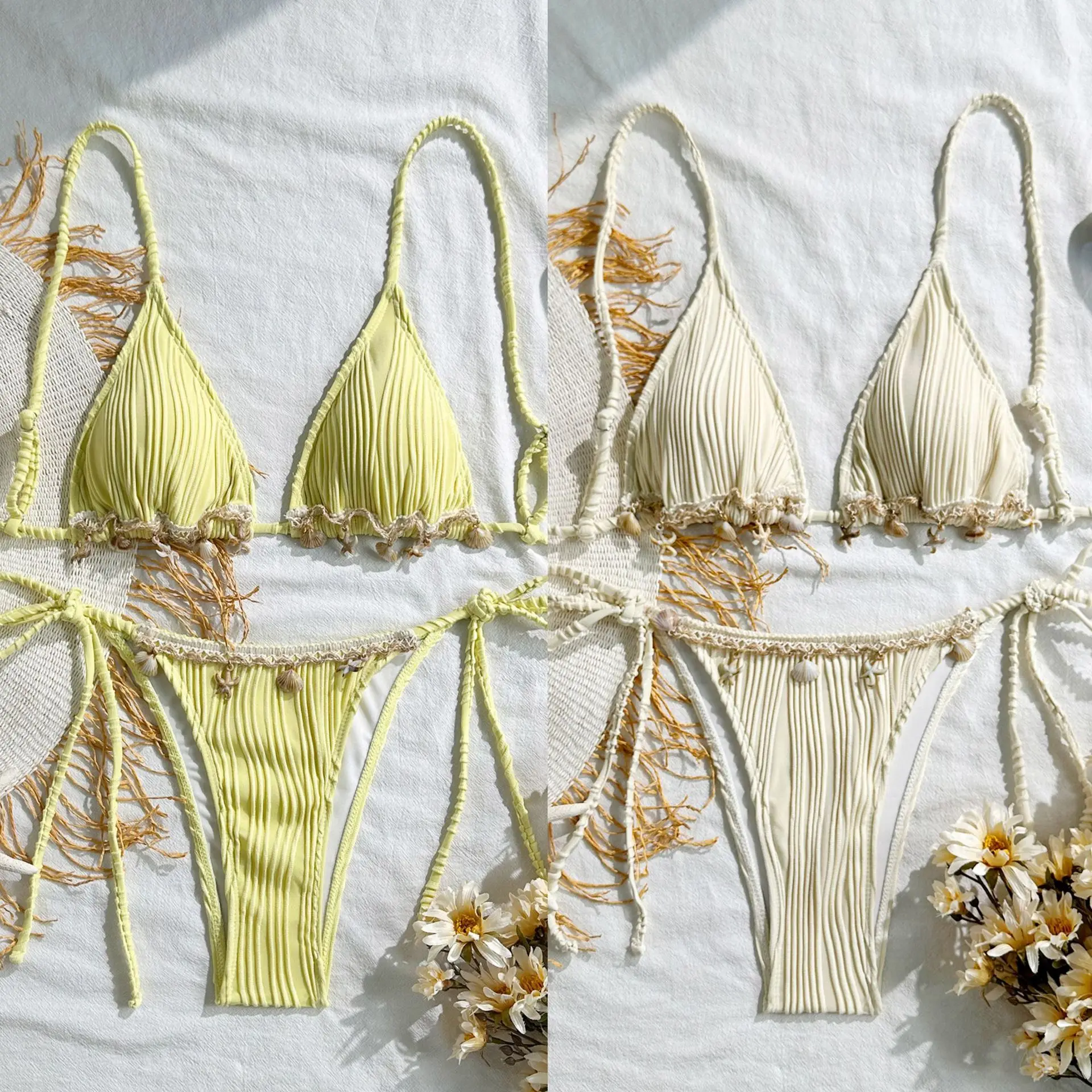 

2026 Sexy Bikini Set Shell Designer Swimsuit White Black Push Up Micro Bikinis Summer Bathing Suit Tie Side Triangle Swimwear