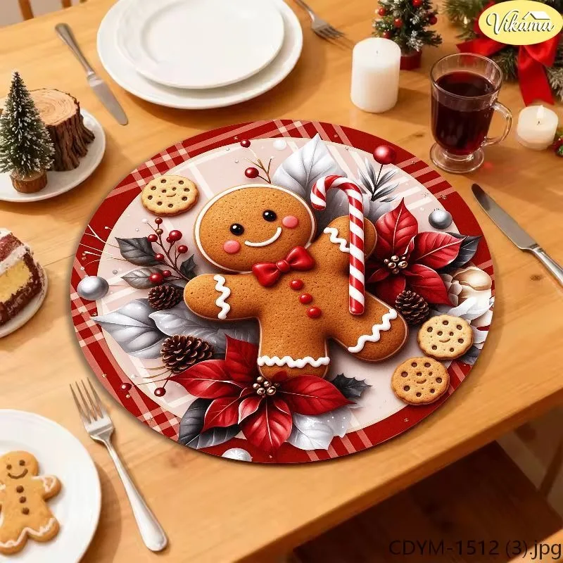 VIKAMA Washable Round Christmas Placemat, Brown Gingerbread Man Santa House Candy Cane Donut Coffee Kids Mat