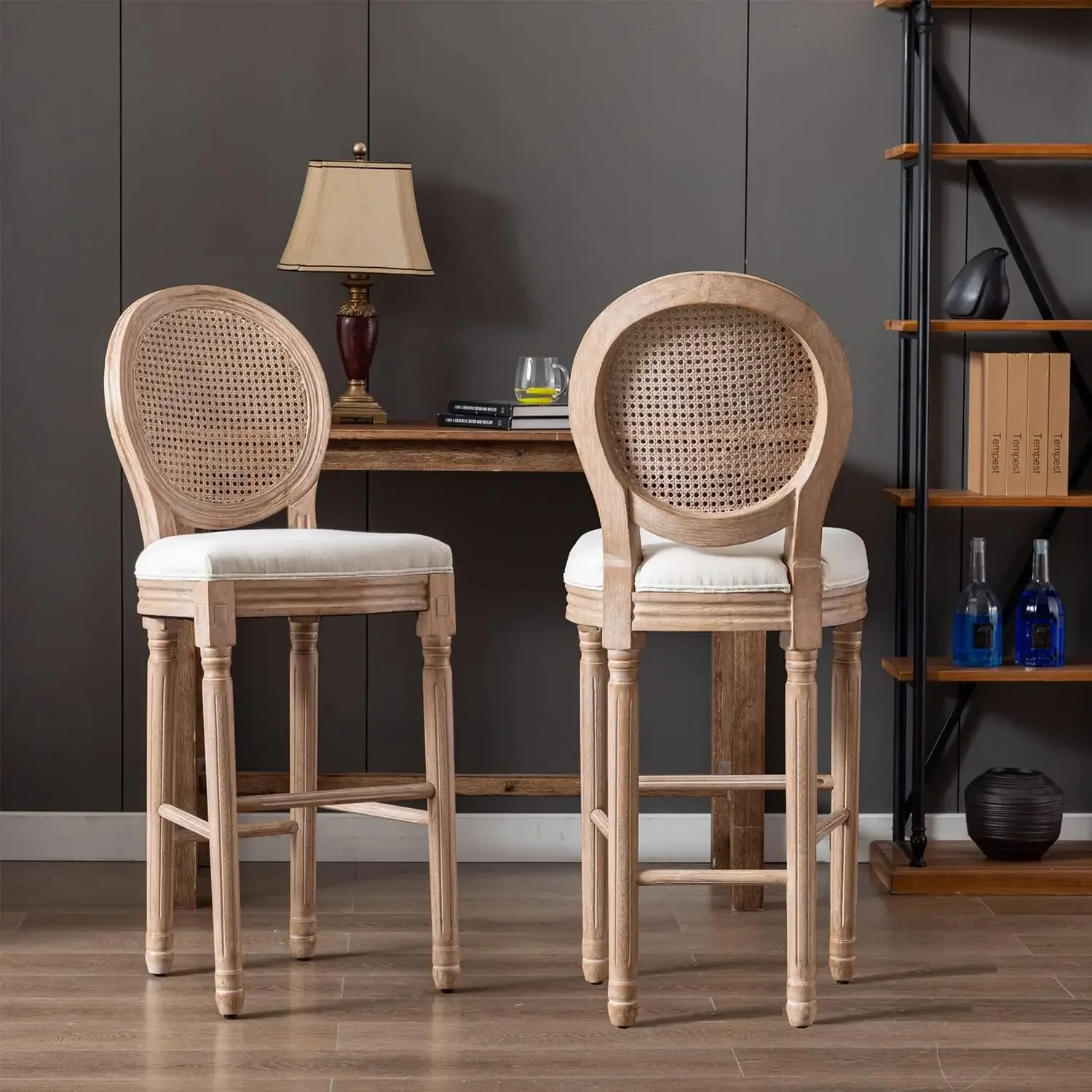 

Bar Stool Set of 2 Rattan Counter Height Chairs with Solid Wood Frame and Upholstered Seating 26 Inch Bar Stools