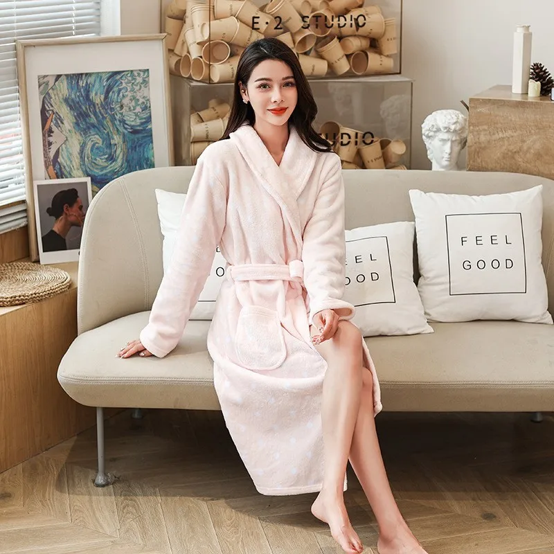 Winter Long Bathrobe Women Fluffy Warm Ladies Bath Robe With Sashes Soft Kimono Dressing Gown Pink Comfortable Sleepwear Female