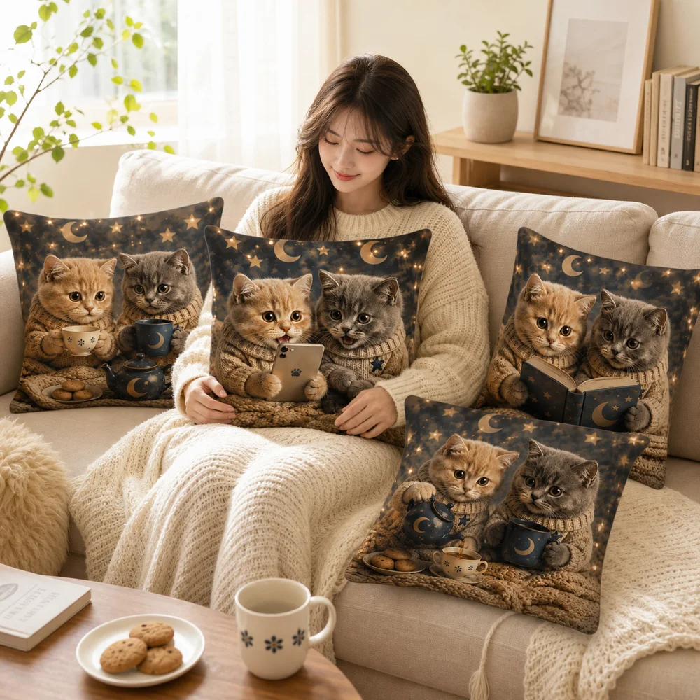 4Pcs Cute Sweater Kitten Throw Pillow Covers 40x40cm Star Moon Night Cat Cushion Covers, Cat Lover Home Decor Sofa Pillowcases