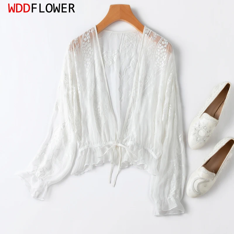 Women Thin Cardigan 100% Mulberry Silk White Embroidery Long Sleeve Cappa Top Coat Blouse Summer Beach Cover Up MM931