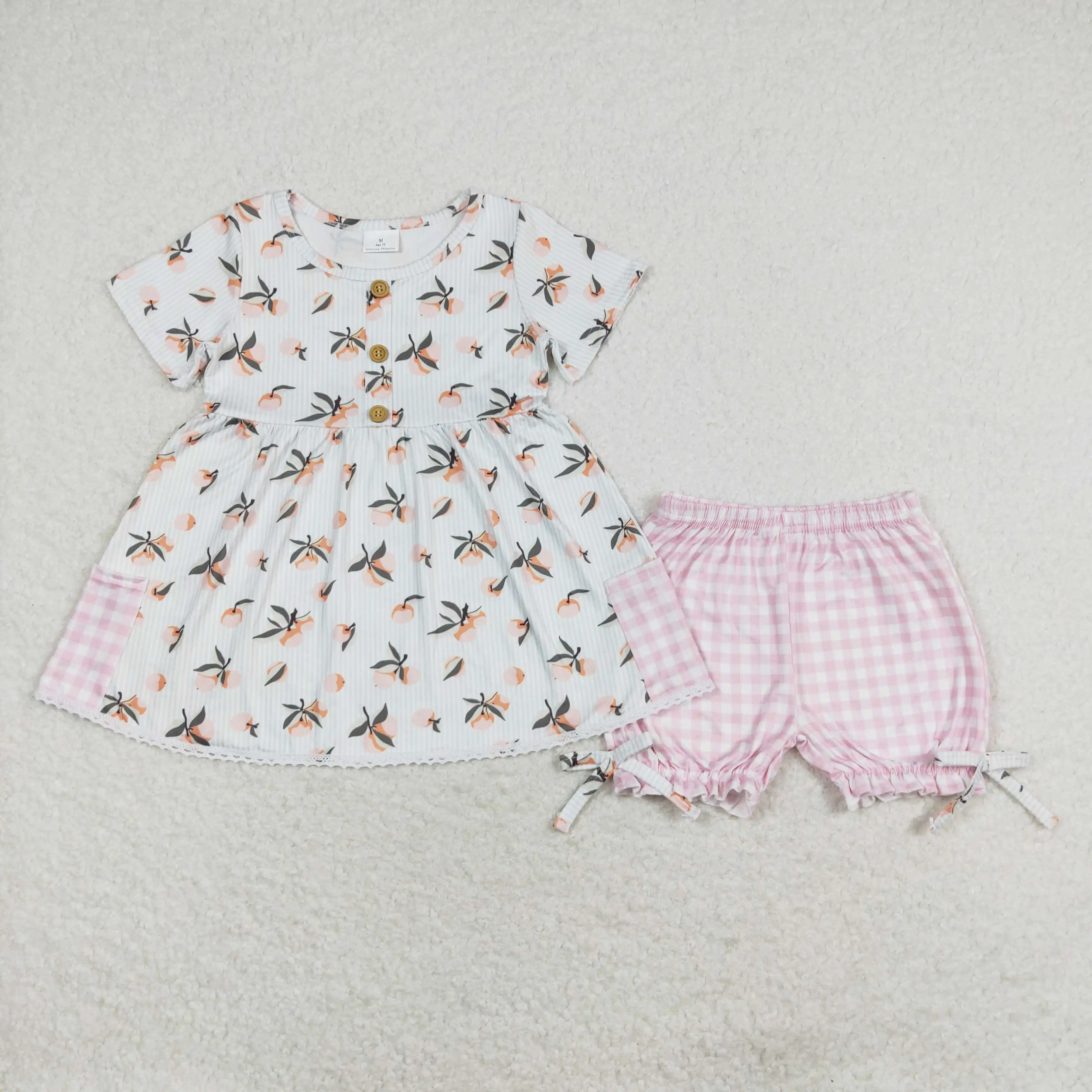 Baby Meisjes Bloemen Perzik Outfits Zomer Kleding Peuters Groothandel Boetiek Baby Korte Mouwen Top Roze Shorts Kids Nieuwe Sets