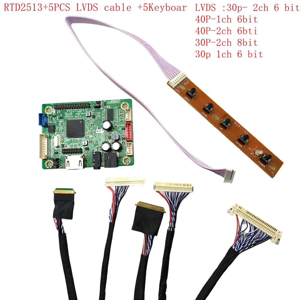 

RTD2513V1.0 mini LCD driver board HDMI to LVDS jump cap program +5pcs lvds cable kit 30P 40P 1/2CH 6/8 BIT Portable display DIY