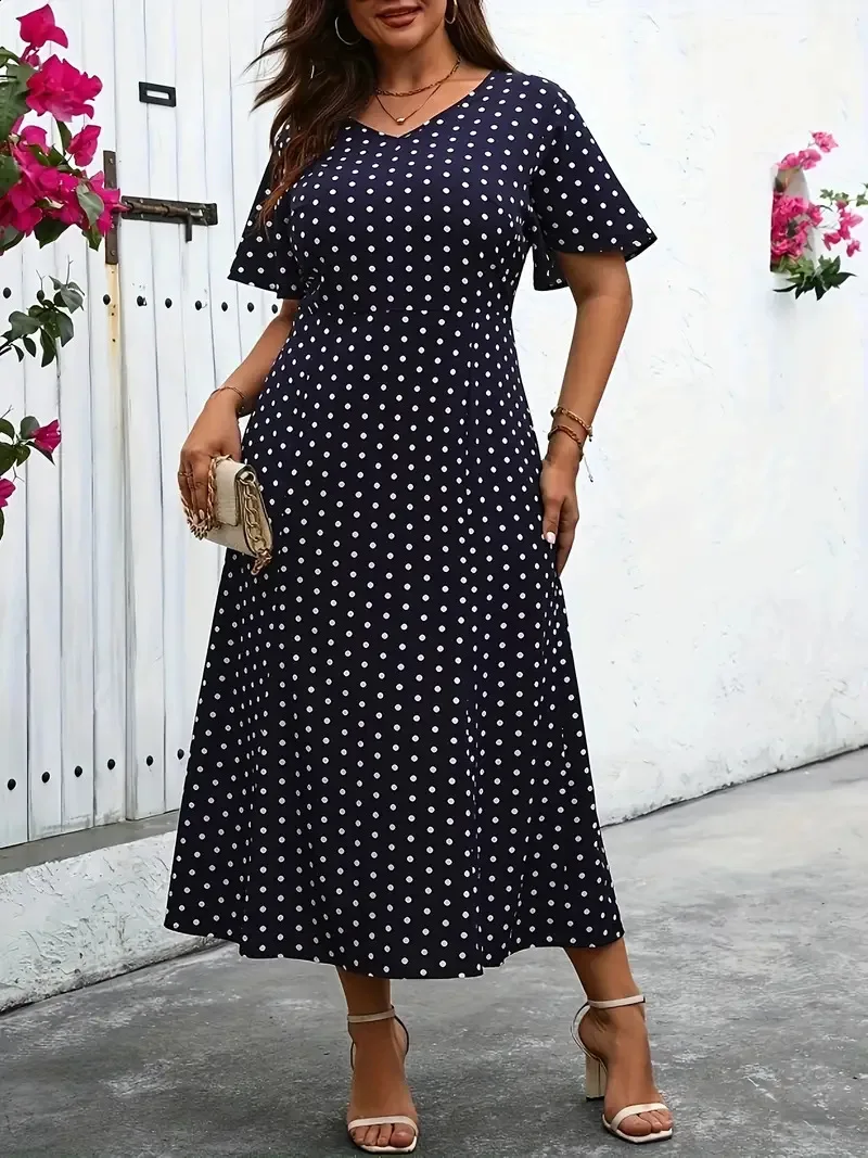 GIBSIE Plus Size Polka Dot V Neck Elegant Long Dress Women Summer High Waist Short Sleeved Vintage A-Line Dresses 2024 New