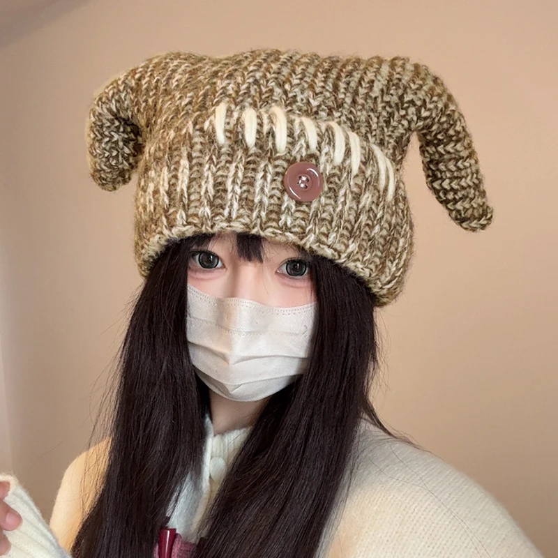 

Warm Knitted Hat Y2K Ear Knit Beanie Hat Harajuku Outdoor Ski Cap Ear Protection Winter/Autumn Cute Popular Hat