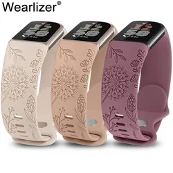 Banda gravada floral wearlizer para mulheres, pulseira de silicone, esporte de lazer, fitbit charge 6, fitbit charge 5