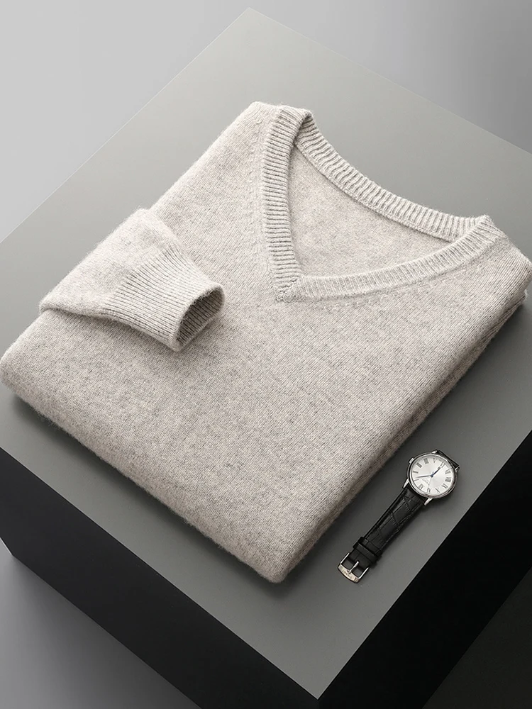 100% de lana merina para hombre, jersey con cuello en V, suéter grueso, cálido, informal, Base de moda, suéter de punto