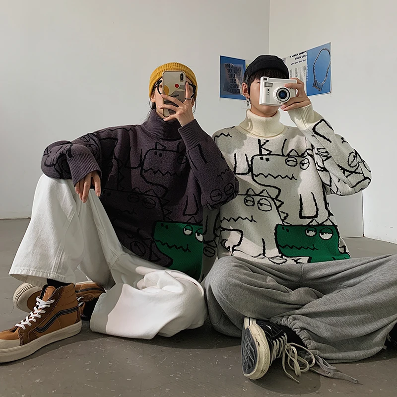 Lovers sweater Hong Kong style autumn winter turtleneck line neutral cartoon jacquard sweater cheap
