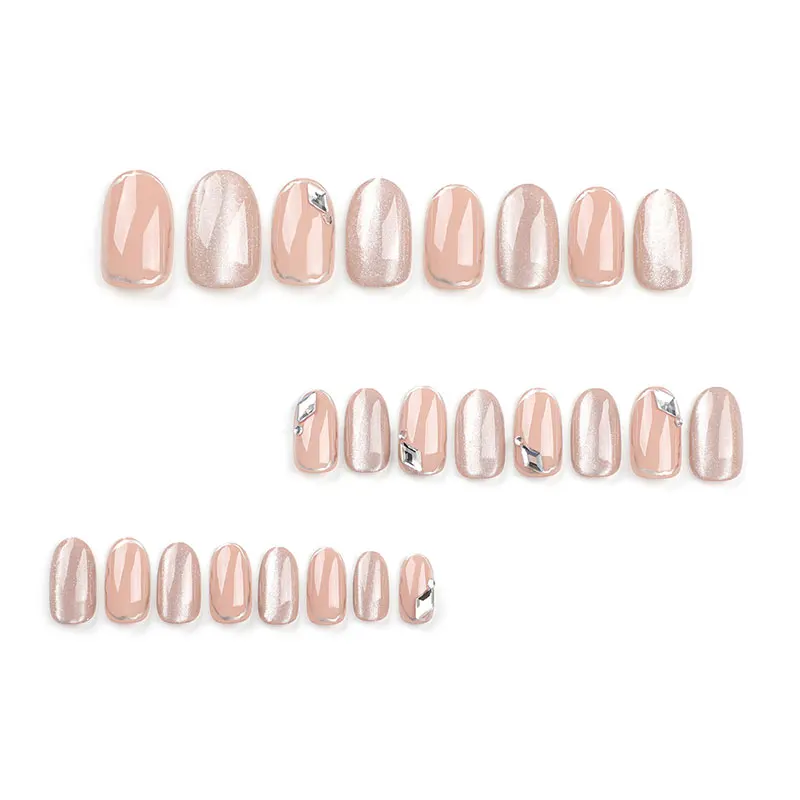 24pcs new wearable simple manicure rhombus diamond sweet cat eye nude color short round false nails