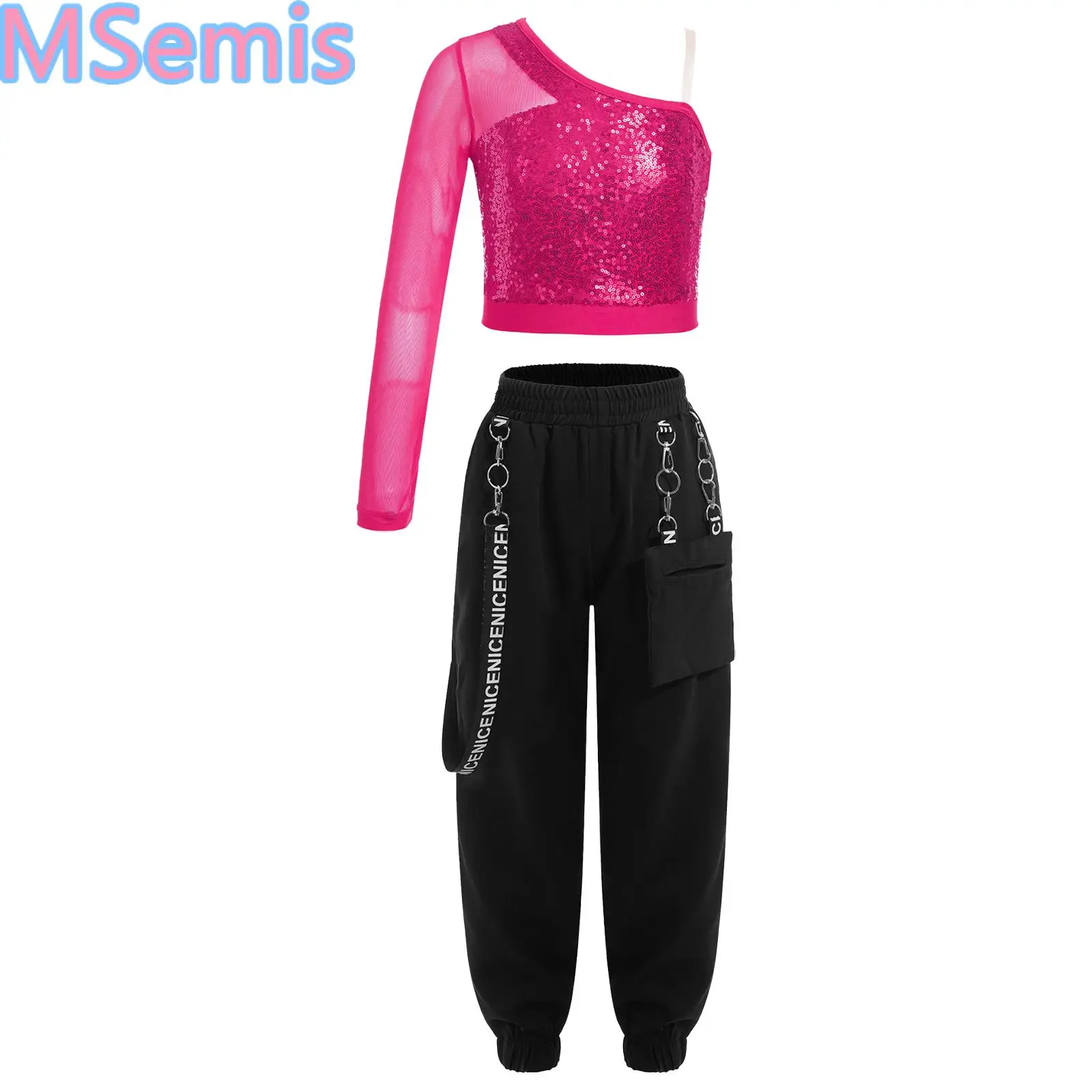 

Kids Girls Jazz Dance Outfit Sparkly Sequins Top Sheer Mesh Long Sleeve One Shoulder Crop Top with Metal Chain Pocket Pants