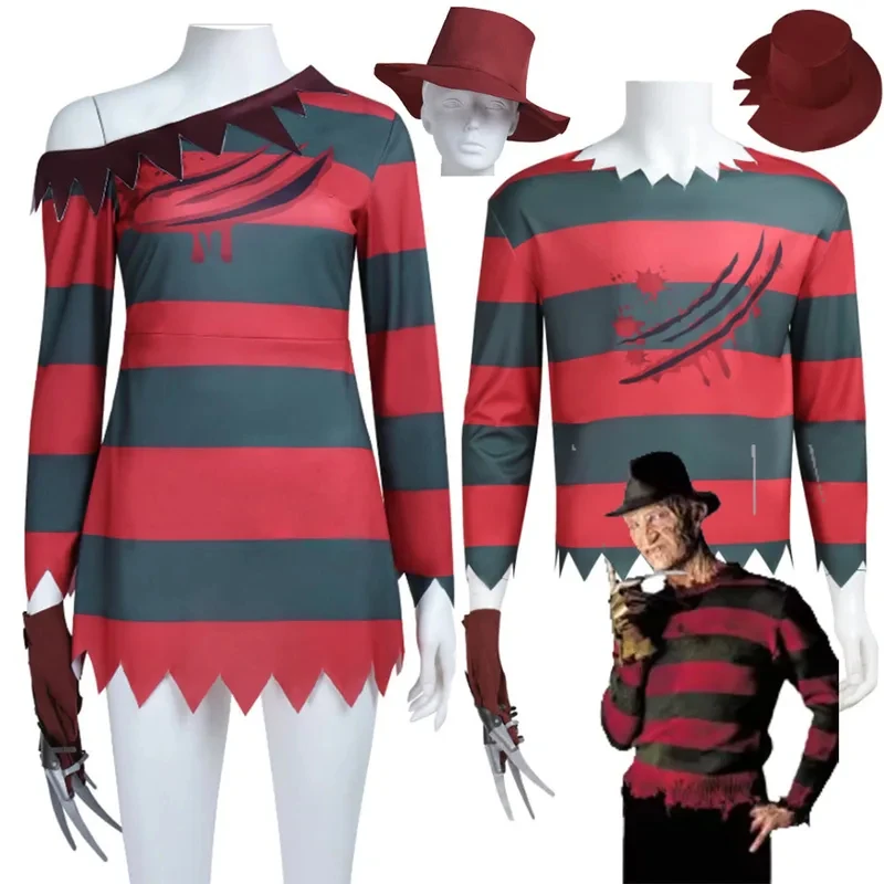 UUI13PCS Freddy Krueger Cosplay Costume Men Women Red Black Stripes Dress Top Hat Halloween Gloves With Sharp ClawsM[[62 - view 2