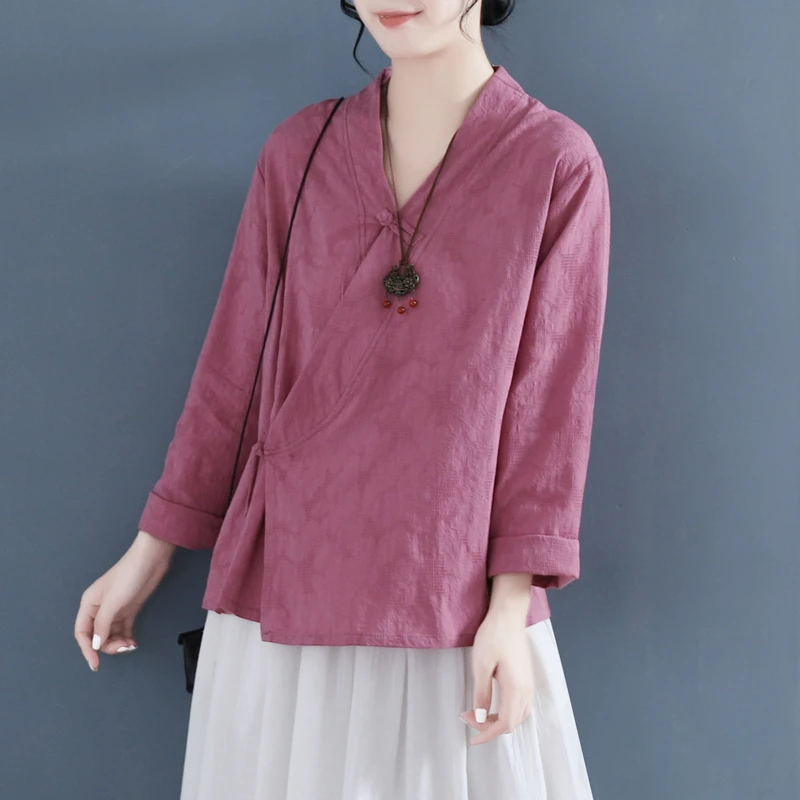 Summer Cotton and Linen Women's Shirt Cross V-Neck Long Sleeve Chinese Style Top Tea Clothing Hanfu Thin Loose Blouse