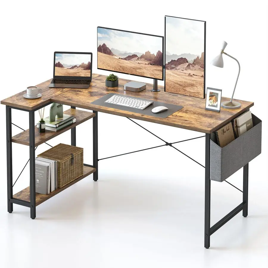 

L Shaped Desk, 55 Computer Table with Reversible Storage Shelves Home Office Corner Study Writing Gaming, Rustic Brown