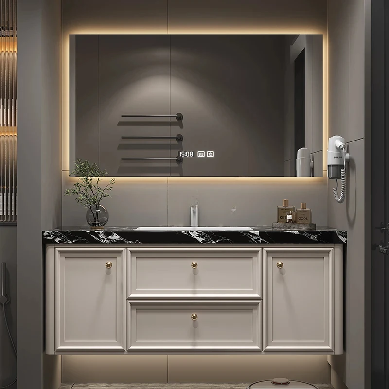 

French smart bathroom cabinet, hot curved rock slab integrated basin, solid wood washbasin, washbasin combined cabinet
