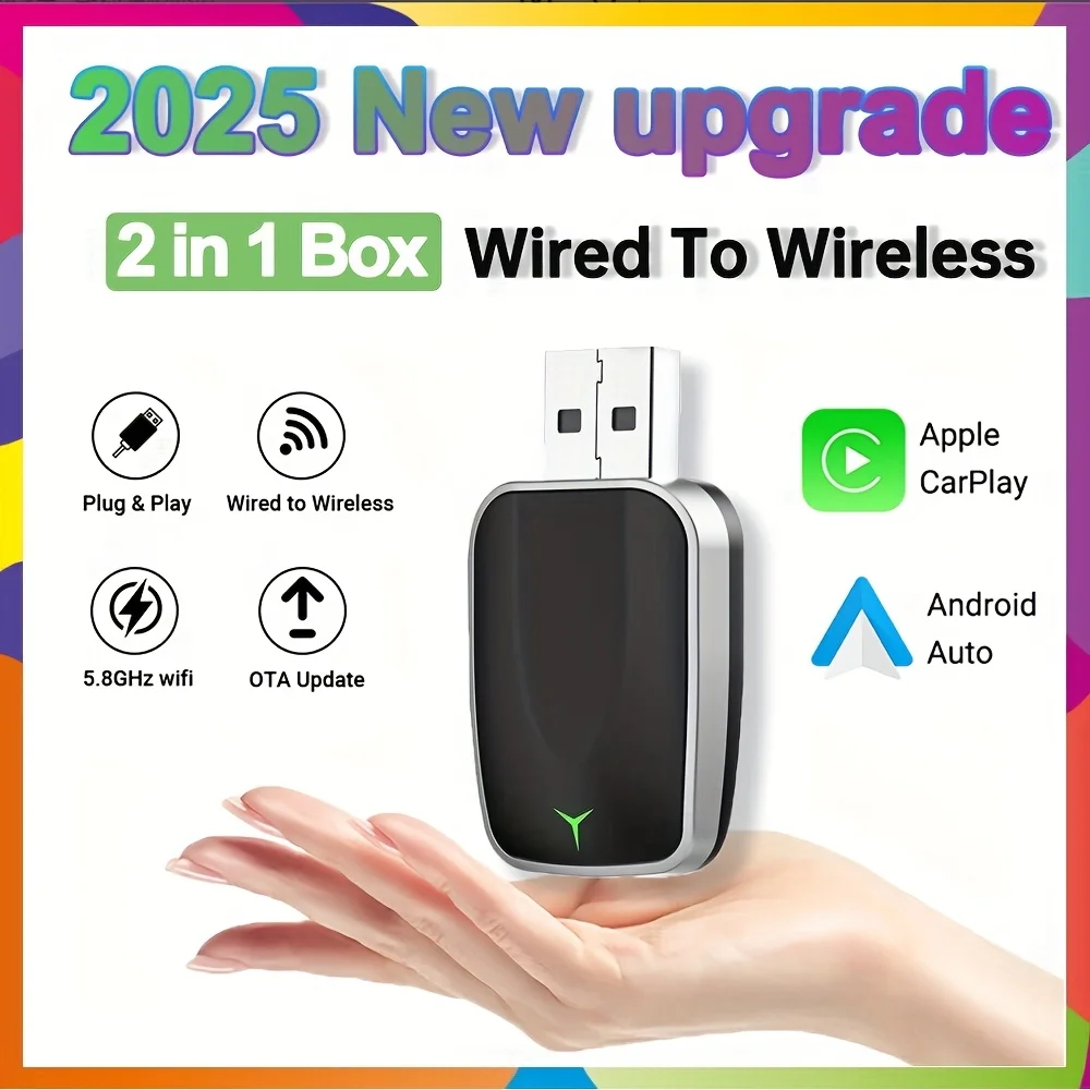 

Новое обновление 2023 года, адаптер 2-в-1 «проводный к беспроводному адаптеру Carplay с Wi-Fi 5,8 ГГц, универсальный режим питания USB, поддержка обновления OTA